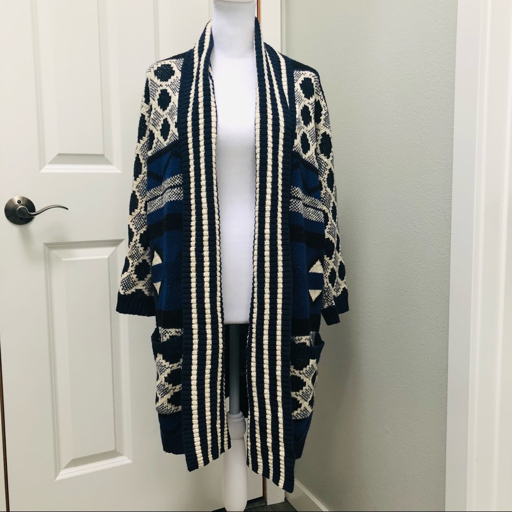 LUCKY BRAND OPEN FRONT LONG SLEEVE KNIT CARDIGAN BLUE BLACK XS / SMALL